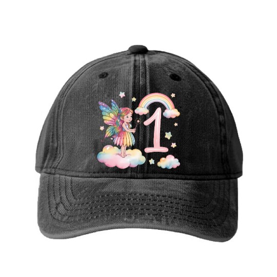 Magical Rainbow Fairy Elf 1st Birthday Girl Washed Denim Baseball Caps