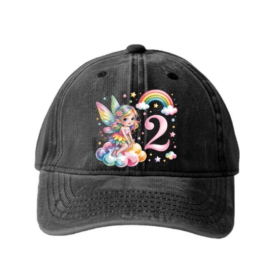Magical Rainbow Fairy Elf 2nd Birthday Girl Washed Denim Baseball Caps