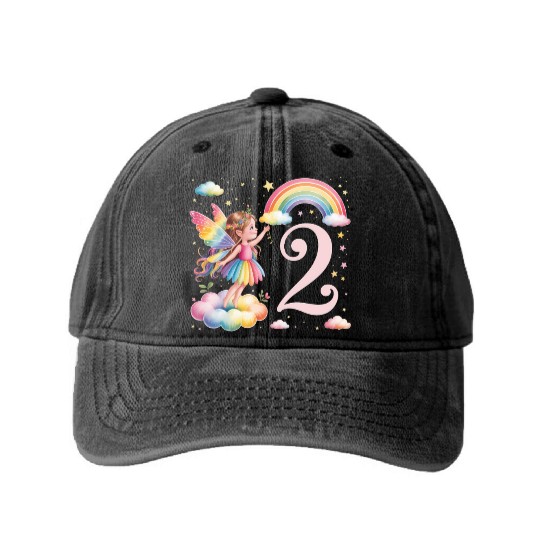 Magical Rainbow Fairy Elf 2nd Birthday Girl Washed Denim Baseball Caps