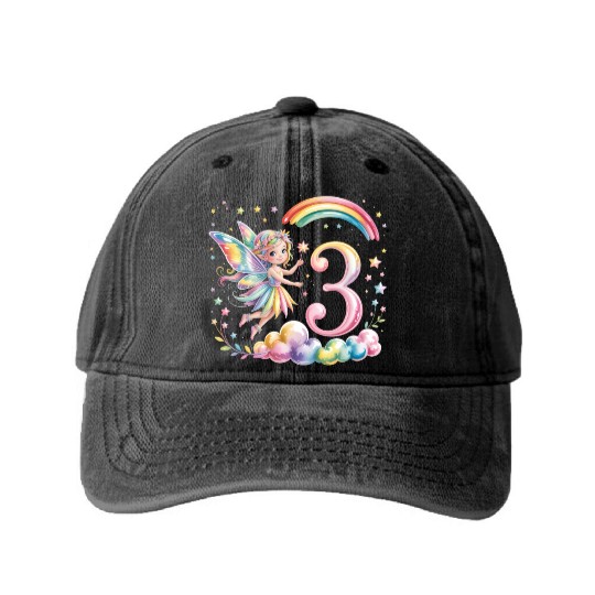 Magical Rainbow Fairy Elf 3nd Birthday Girl Washed Denim Baseball Caps