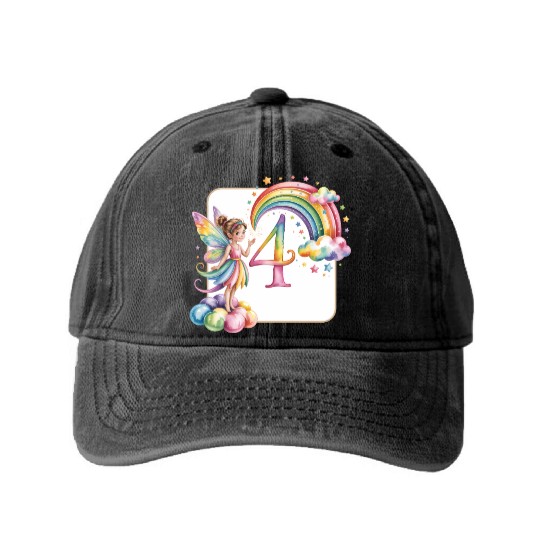 Magical Rainbow Fairy Elf 4th Birthday Girl Washed Denim Baseball Caps