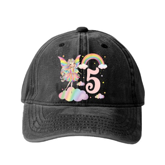 Magical Rainbow Fairy Elf 5th Birthday Girl Washed Denim Baseball Caps