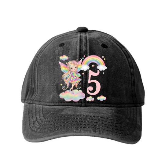 Magical Rainbow Fairy Elf 5th Birthday Girl Washed Denim Baseball Caps