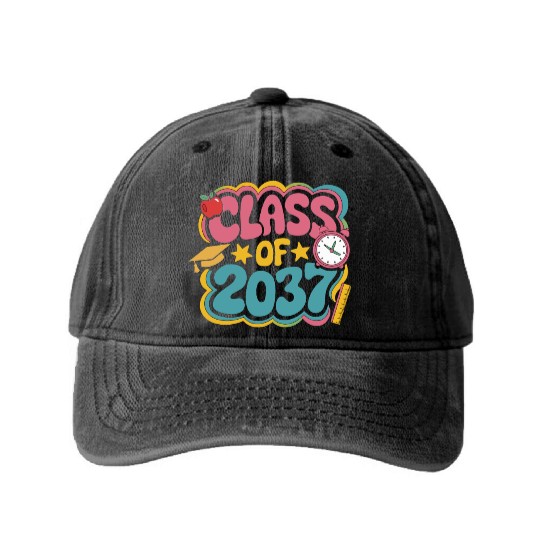 Class of 2037 Grow With Me, groovy back to school Washed Denim Baseball Caps