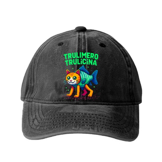 Retro Pixel Catfish – Trulmero Trulcina Washed Denim Baseball Caps
