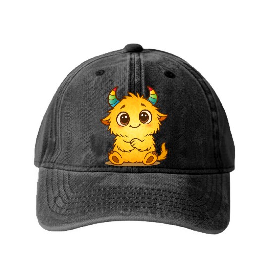Cute Yellow Monster with Rainbow Horns Washed Denim Baseball Caps