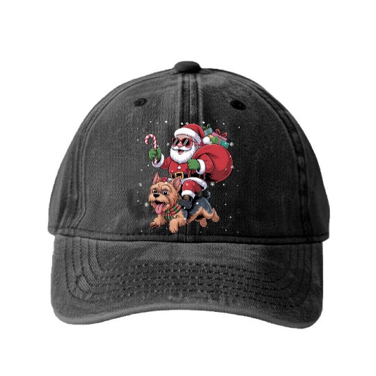 Santa Claus Yorkie Dog Christmas In July Washed Denim Baseball Caps