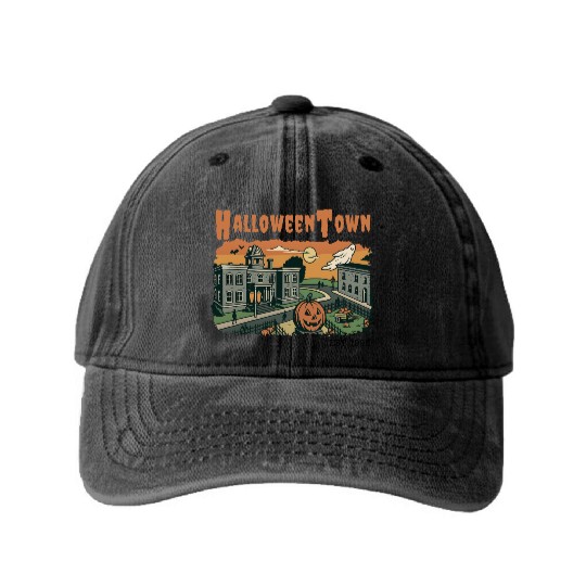 Halloweentown Spooky Sunset Scene – Vintage Hallow Washed Denim Baseball Caps