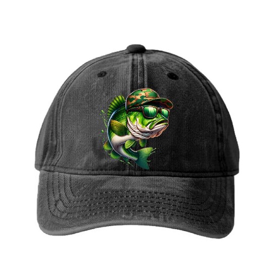 Camo Hat Bass Fish with Green Sunglasses Washed Denim Baseball Caps