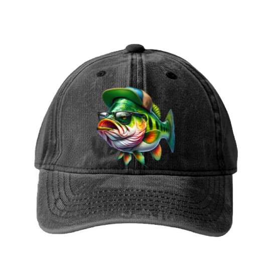 Cool Bass Fish with Green Hat and Glasses Washed Denim Baseball Caps