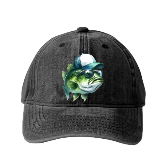Cool Green Bass with Trucker Hat and Sunglasses Washed Denim Baseball Caps