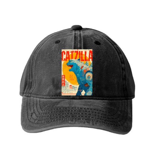 Catzilla Retro Movie Poster Washed Denim Baseball Caps