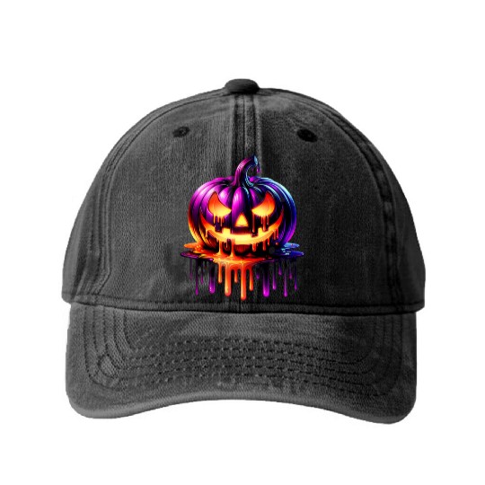 Neon Dripping Pumpkin Halloween Design Washed Denim Baseball Caps