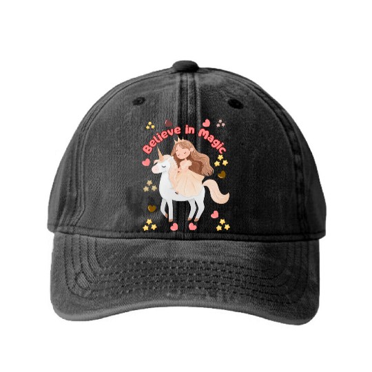 Whimsical Unicorn - Magic Girl - Believe in Magic Washed Denim Baseball Caps
