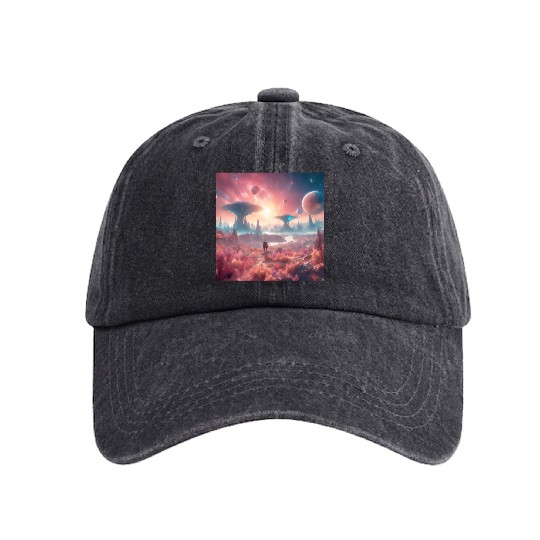 Alien Planet Explorer in Surreal Landscape Washed Denim Baseball Caps