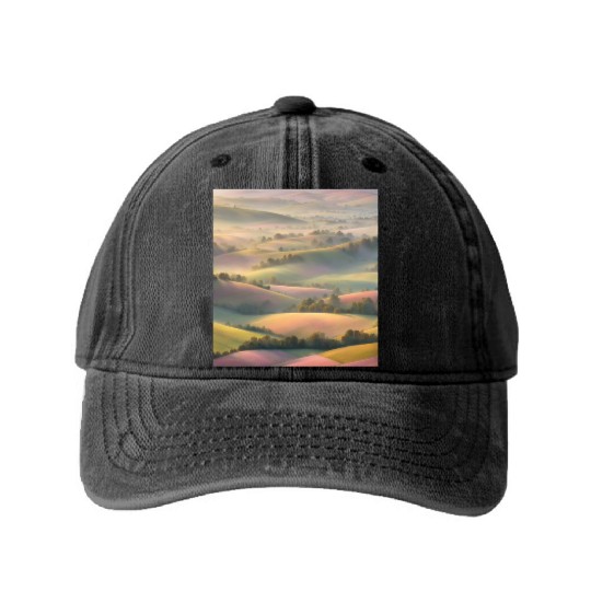 Pastel Rolling Hills Landscape Washed Denim Baseball Caps