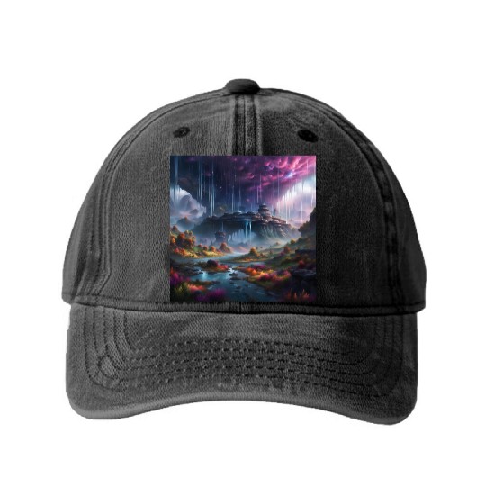 Alien Planet: Fantasy Mountain Cityscape Washed Denim Baseball Caps