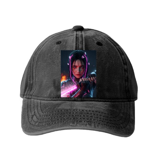 Cyberpunk Samurai Girl Washed Denim Baseball Caps