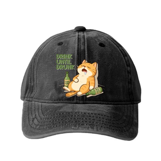Humorous Cat Drinking Alcohol Meme Design Washed Denim Baseball Caps