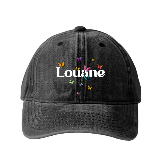 LOUANE - beautiful girl name with cute butterflies Washed Denim Baseball Caps