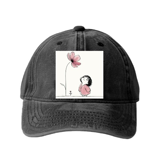 Whimsical Girl with Blossom Washed Denim Baseball Caps