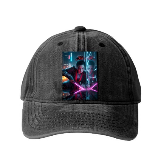 Cyberpunk Samurai Girl Washed Denim Baseball Caps