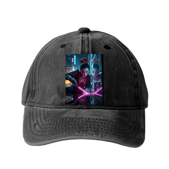 Cyberpunk Samurai Girl Washed Denim Baseball Caps