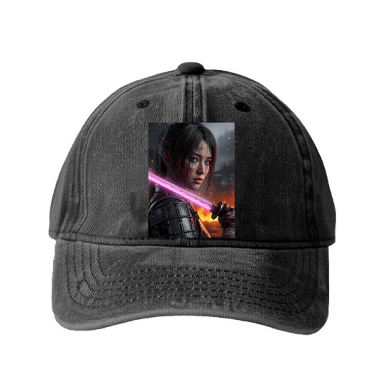 Cyberpunk Samurai Girl Washed Denim Baseball Caps