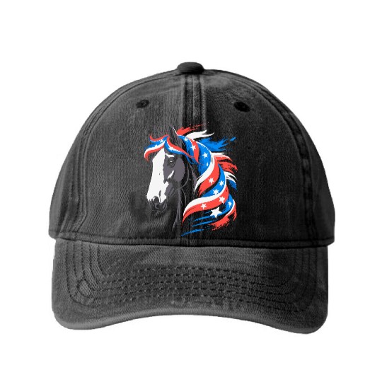 Patriotic Pony with Stars and Stripes Mane Washed Denim Baseball Caps