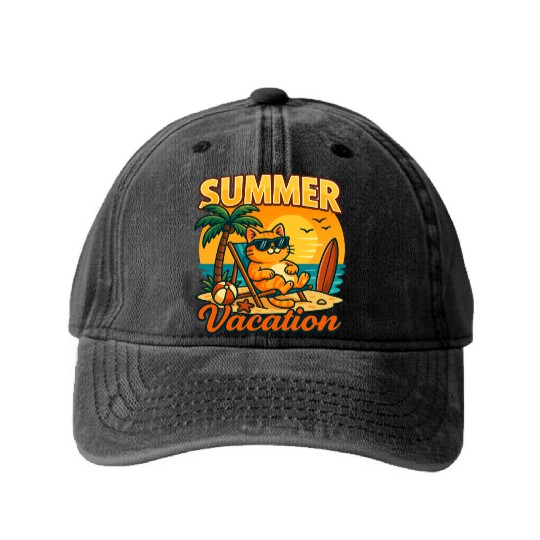 Summer Vacation Cat Illustration Washed Denim Baseball Caps