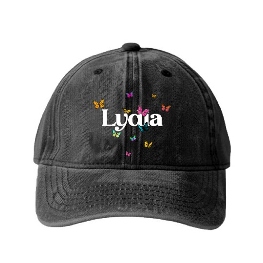 LYDIA - beautiful girl name with cute butterflies Washed Denim Baseball Caps
