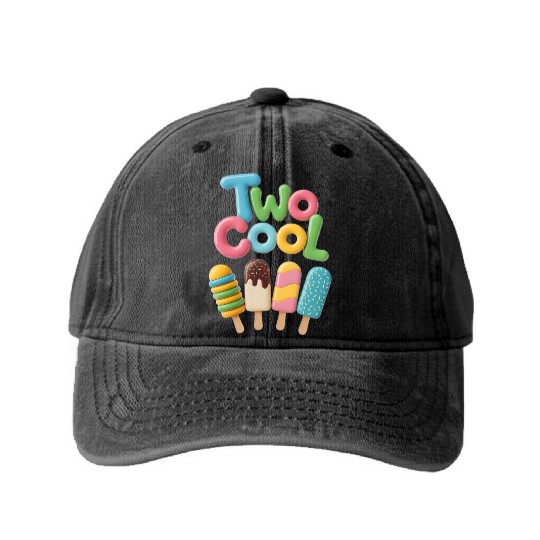Two Cool – Funny 2nd Birthday Toddler Design  Washed Denim Baseball Caps