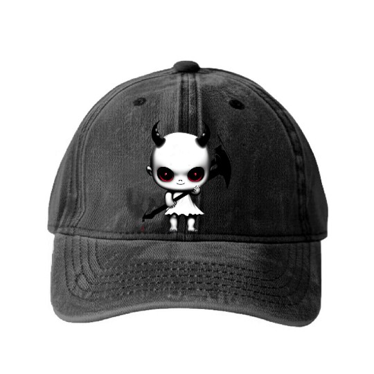 Cute Demon Baby with Horns and Bat Wings Washed Denim Baseball Caps