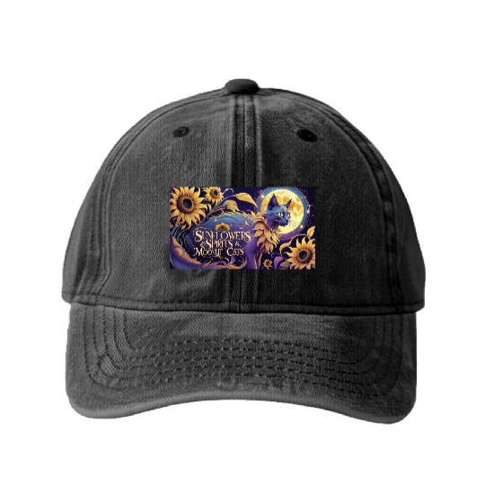 Celestial Cat Among Sunflowers and Moonlit Night Washed Denim Baseball Caps