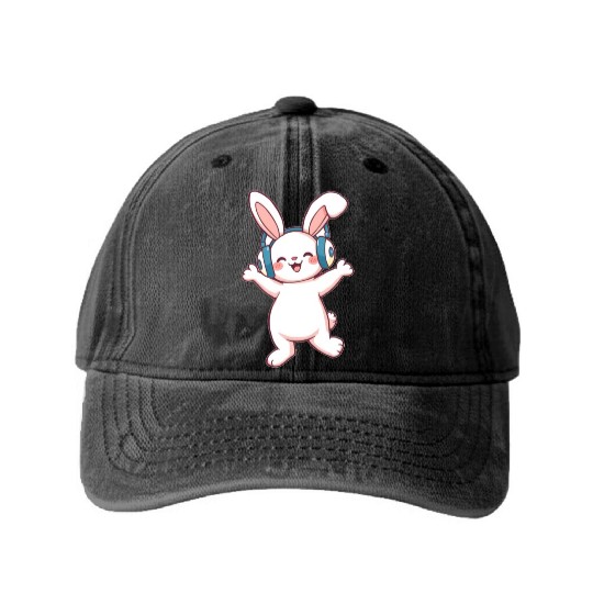 Joyful Bunny with Headphones Washed Denim Baseball Caps
