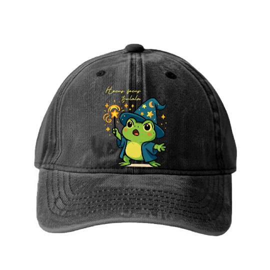 Magical Froggy Wizard Illustration Washed Denim Baseball Caps