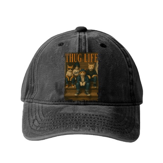 Thug Life Cats Funny Gangsta Street Style Washed Denim Baseball Caps