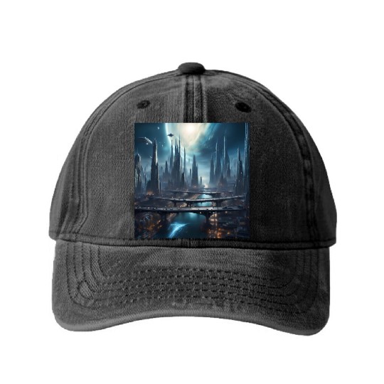 Magic City with Skyscraper Sci-Fi Alien Planet Washed Denim Baseball Caps
