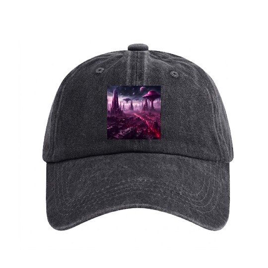 Sci-Fi Future World And Alien City in Neon Pink Washed Denim Baseball Caps