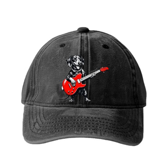 Dachshund Playing Guitar Funny Rock and Roll Dog Washed Denim Baseball Caps