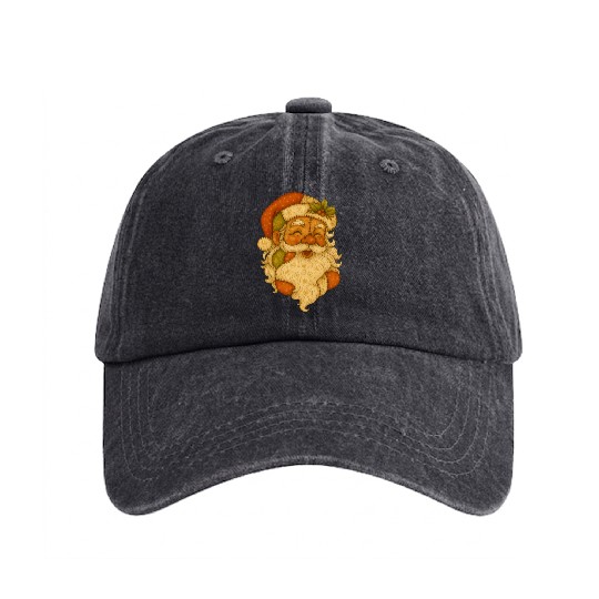 Patchwork Santa Face Vintage Christmas Folk Art Washed Denim Baseball Caps