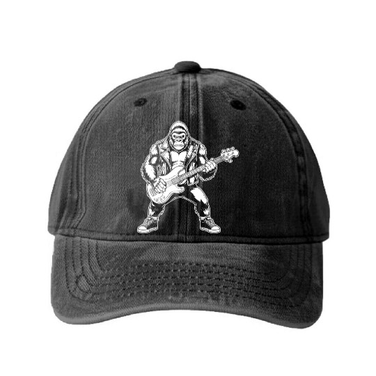 Bigfoot playing Bass Guitar Funny Sasquatch Gift Washed Denim Baseball Caps