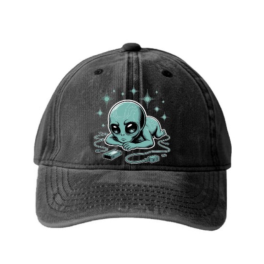 Digital Baby Alien with Circuitry Washed Denim Baseball Caps