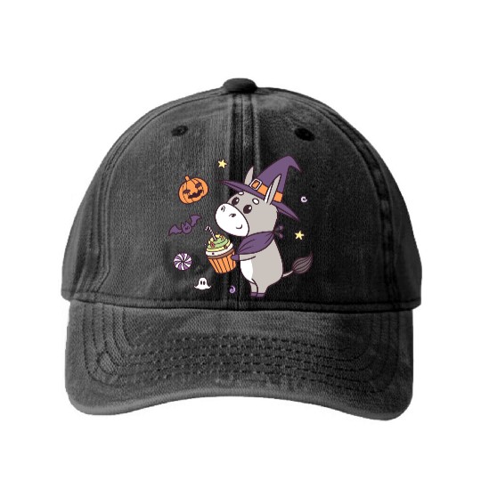 Whimsical Halloween Witch Pony Design Washed Denim Baseball Caps
