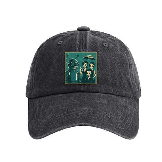 Retro Sci-Fi Alien Encounter Design Washed Denim Baseball Caps