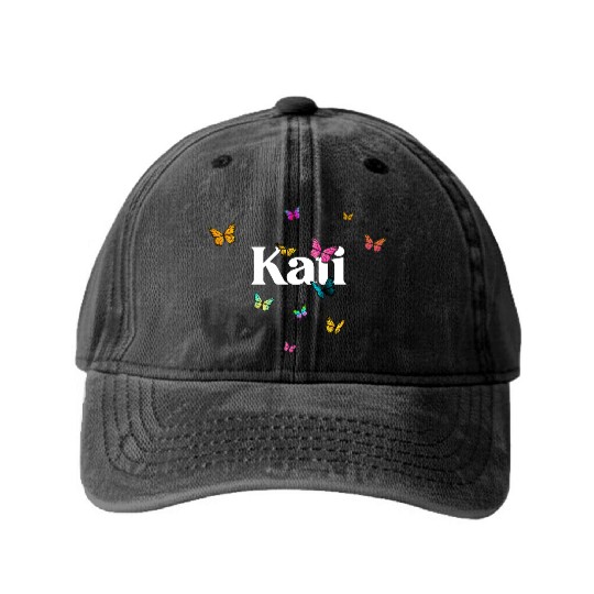 KATI - beautiful girl name with cute butterflies Washed Denim Baseball Caps