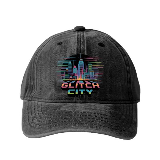 Neon Cyberpunk Cityscape Design Washed Denim Baseball Caps