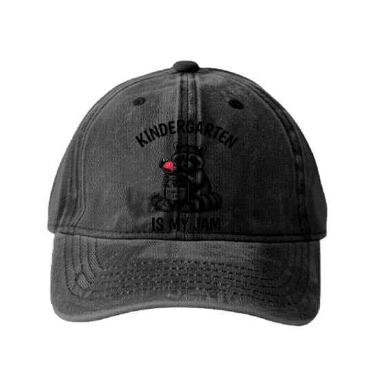 Kindergarten Is My Jam Teacher Student Racoon Meme Washed Denim Baseball Caps