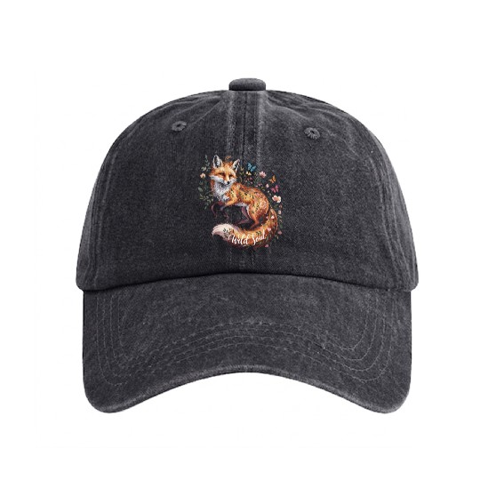 Enchanted Fox with Floral Accents Washed Denim Baseball Caps
