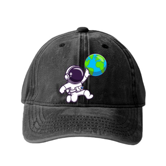 Astronaut Embracing Earth Illustration Washed Denim Baseball Caps